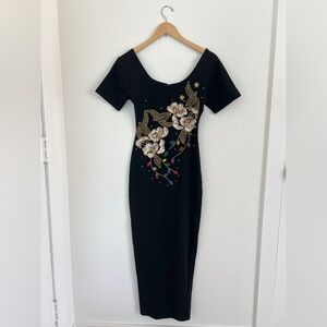 VINTAGE 80s black bejeweled bodycon maxi dress / size S